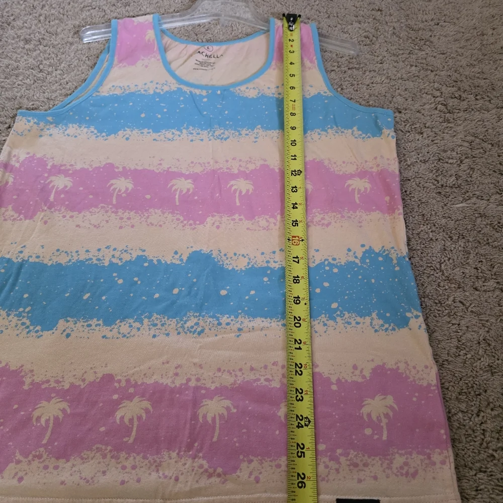Coachella Pink/Blue/Cream  Palm Tree Graphic Tie Dye Tank Size Large